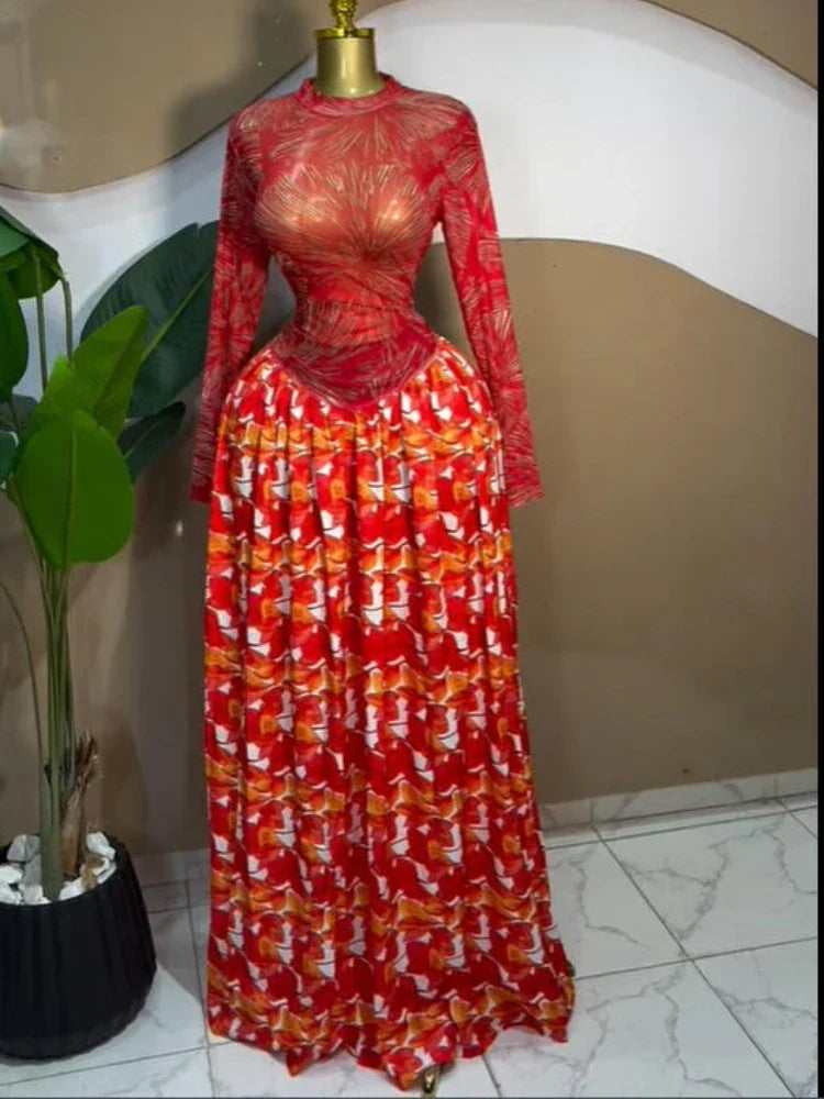 Women leaf Print patchwork smock Midi A-line Long Maxi Elegant Evening Dresses