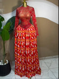 Women leaf Print patchwork smock Midi A-line Long Maxi Elegant Evening Dresses