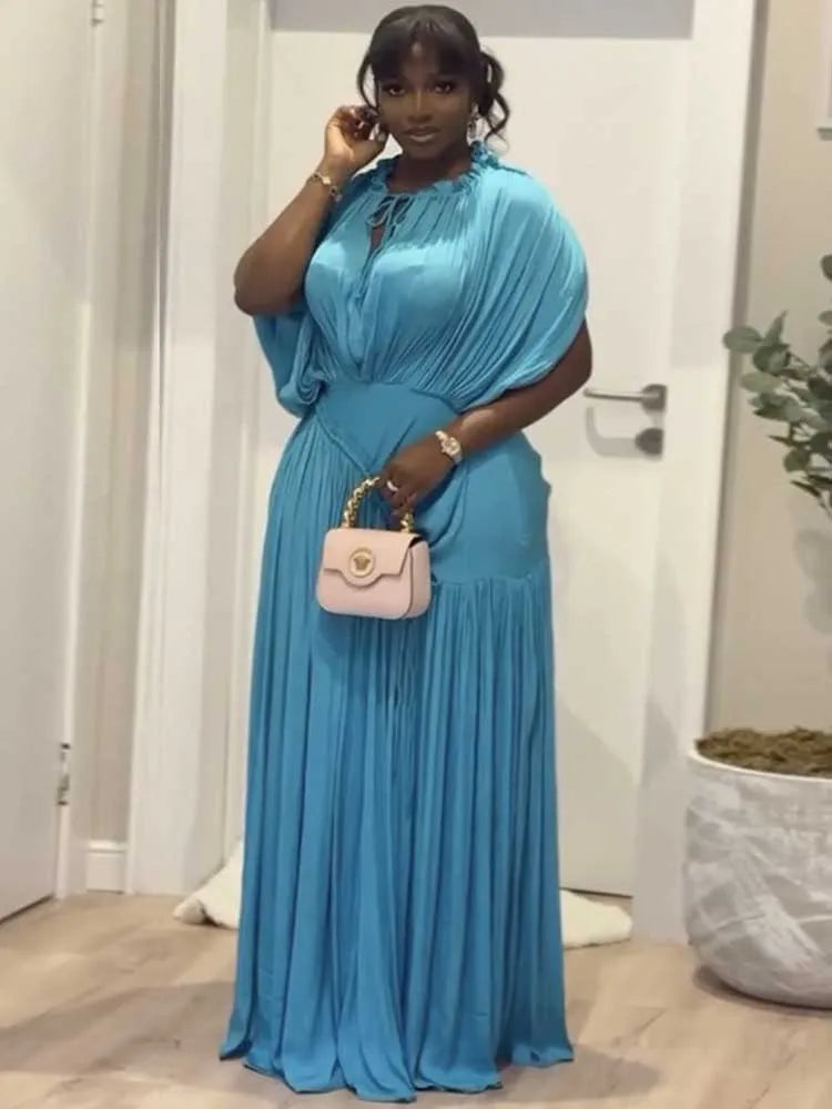 Long Summer Dress Woman High Waist Draped Chic Sky Blue Dress Straight One Piece Casual Elegant Maxi Dresses for Evening