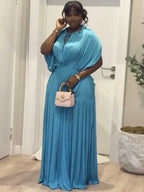 Long Summer Dress Woman High Waist Draped Chic Sky Blue Dress Straight One Piece Casual Elegant Maxi Dresses for Evening