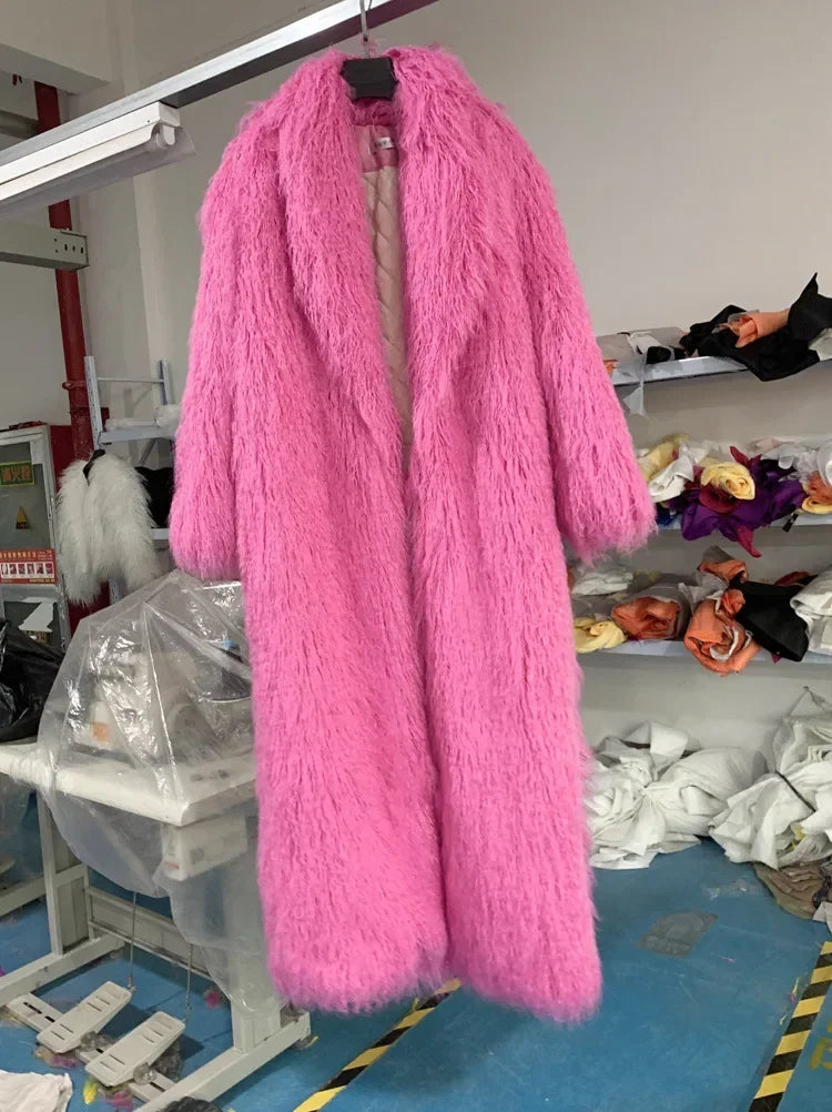 Faux Fur Jacket Women Long Coat Thick Fluffy Winter Warm Shaggy Overcoat Open Stitch Outerwear Turn Down Collar High Street