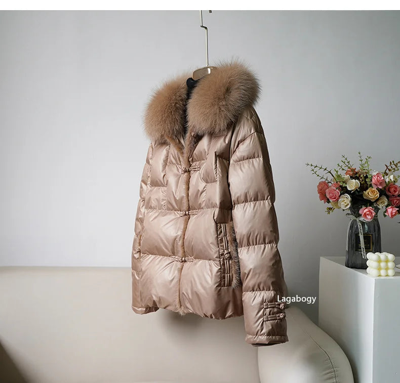 Women's White Duck down Jacket 2025 Winter Collection Real Faux Fur Collar Hair Puffer Coat Vintage Street wear