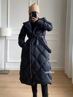 Women's Thickened Warm Hooded Puffer Jacket Winter Duck down Coat Fluffy Long Belted Zipper Closure Casual Style