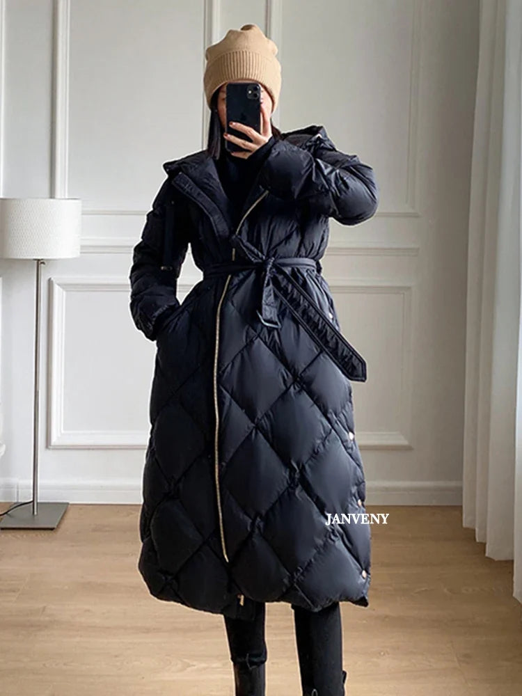 Women's Thickened Warm Hooded Puffer Jacket Winter Duck down Coat Fluffy Long Belted Zipper Closure Casual Style