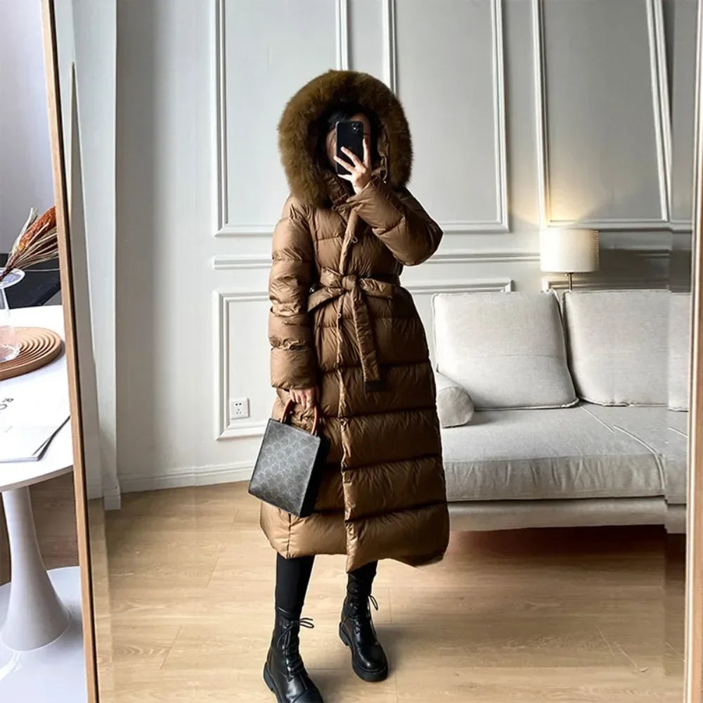 Winter Women's Ultra Light Warm Faux Fur Parka with Hooded Long Duck down Jacket White with Fur Collar Casual Snow Coat