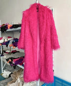 Faux Fur Jacket Women Long Coat Thick Fluffy Winter Warm Shaggy Overcoat Open Stitch Outerwear Turn Down Collar High Street