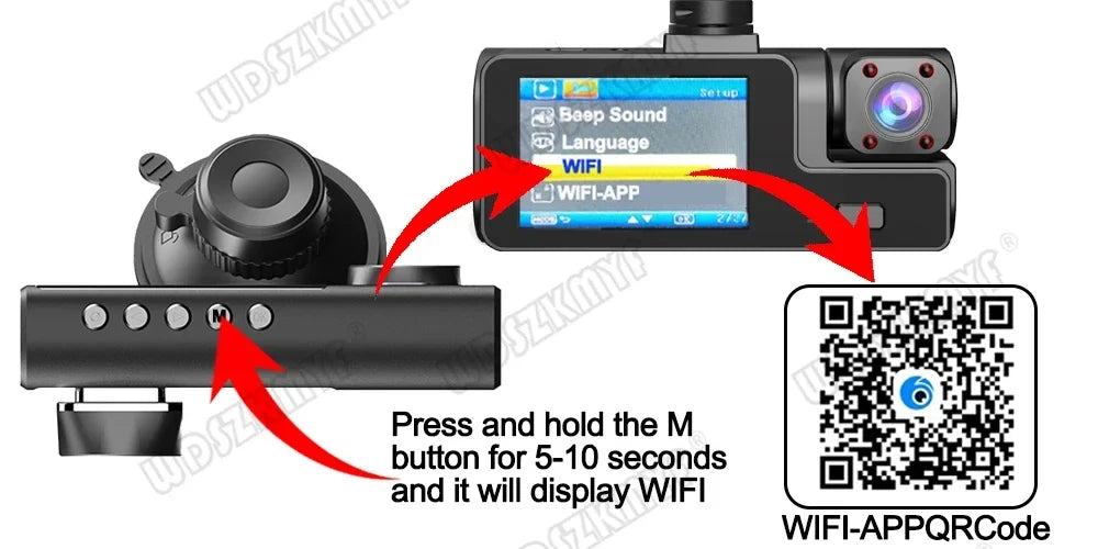 3 Lens Dash Cam 1080P Front, Rear & Interior Car Camera with WiFi & Night Vision