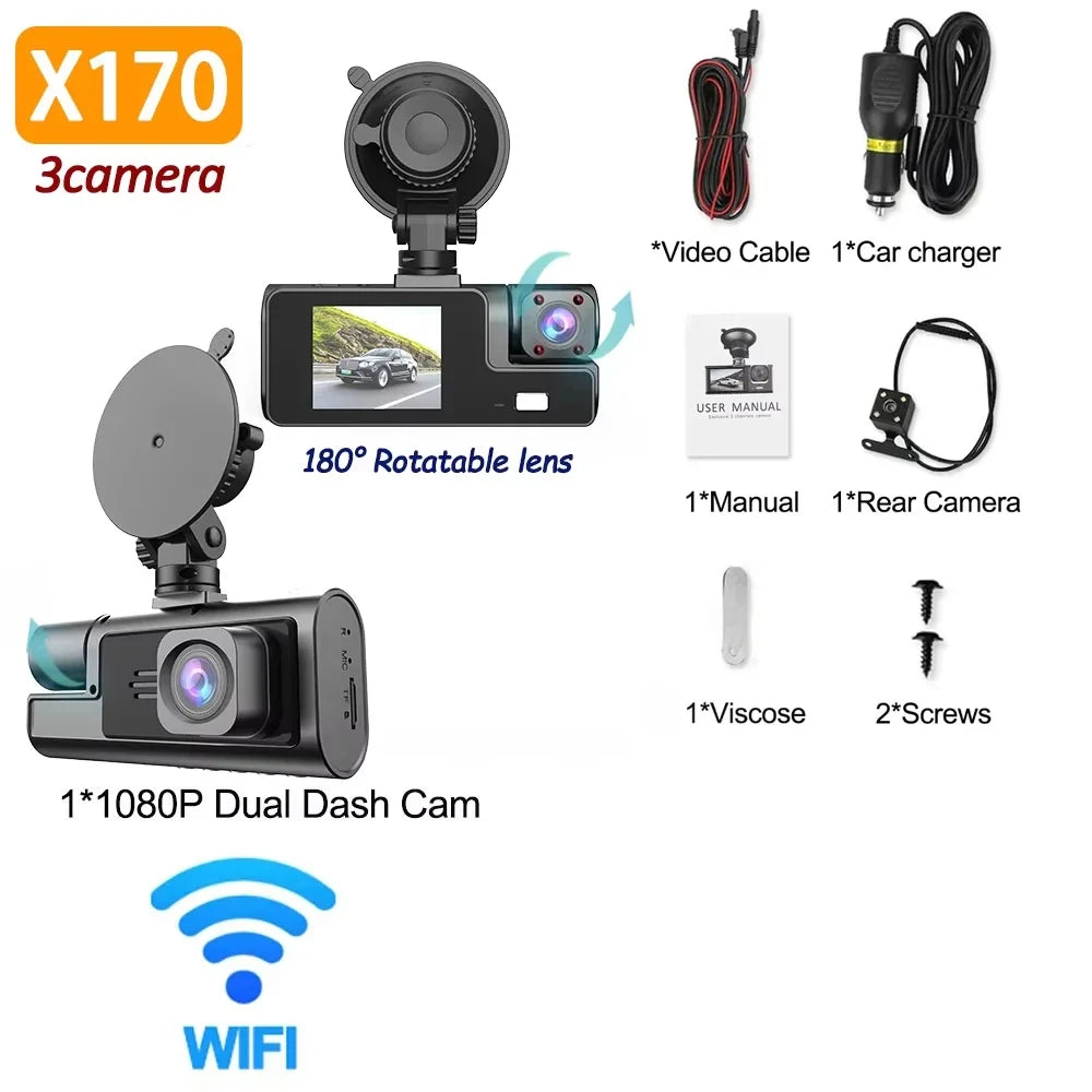 3 Lens Dash Cam 1080P Front, Rear & Interior Car Camera with WiFi & Night Vision