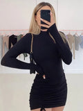 Damen Langarm Ruched Bodycon Kleid Rollkragen Bandage Minikleider Herbst Schwarz Enges Stretch-Partykleid