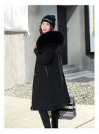 Women's Double-Sided Color Block Parka Winter Jacket with Big Fur Collar Hooded Zipper Pockets Long Sleeve Casual Overcoat