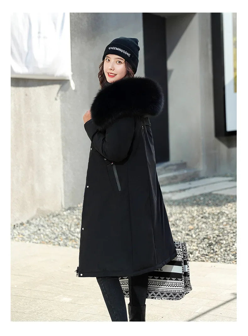 Women's Double-Sided Color Block Parka Winter Jacket with Big Fur Collar Hooded Zipper Pockets Long Sleeve Casual Overcoat