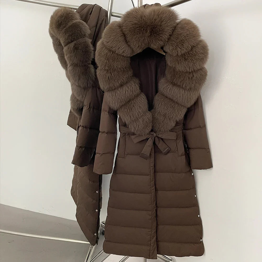Real Faux Fur Collar Puffer Jacket Duck Down Thick Coat For Women