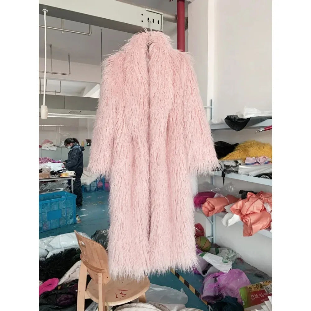 Faux Fur Jacket Women Long Coat Thick Fluffy Winter Warm Shaggy Overcoat Open Stitch Outerwear Turn Down Collar High Street