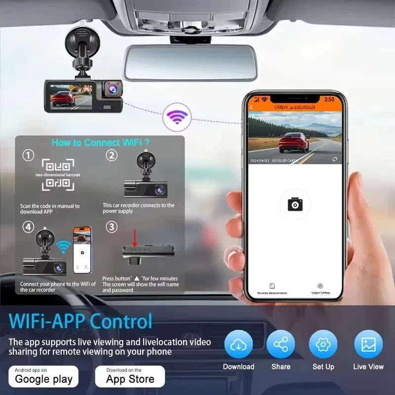 3 Lens Dash Cam 1080P Front, Rear & Interior Car Camera with WiFi & Night Vision