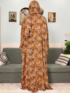 Women's Traditional Floral Ramadan Muslim Cotton Abayas Garment with attached Headscarf