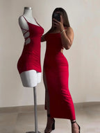 Red Lace-Up Back High Split Maxi Dress – Bodycon Summer Evening Dress