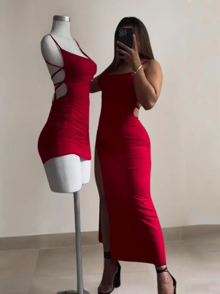 Red Lace-Up Back High Split Maxi Dress – Bodycon Summer Evening Dress