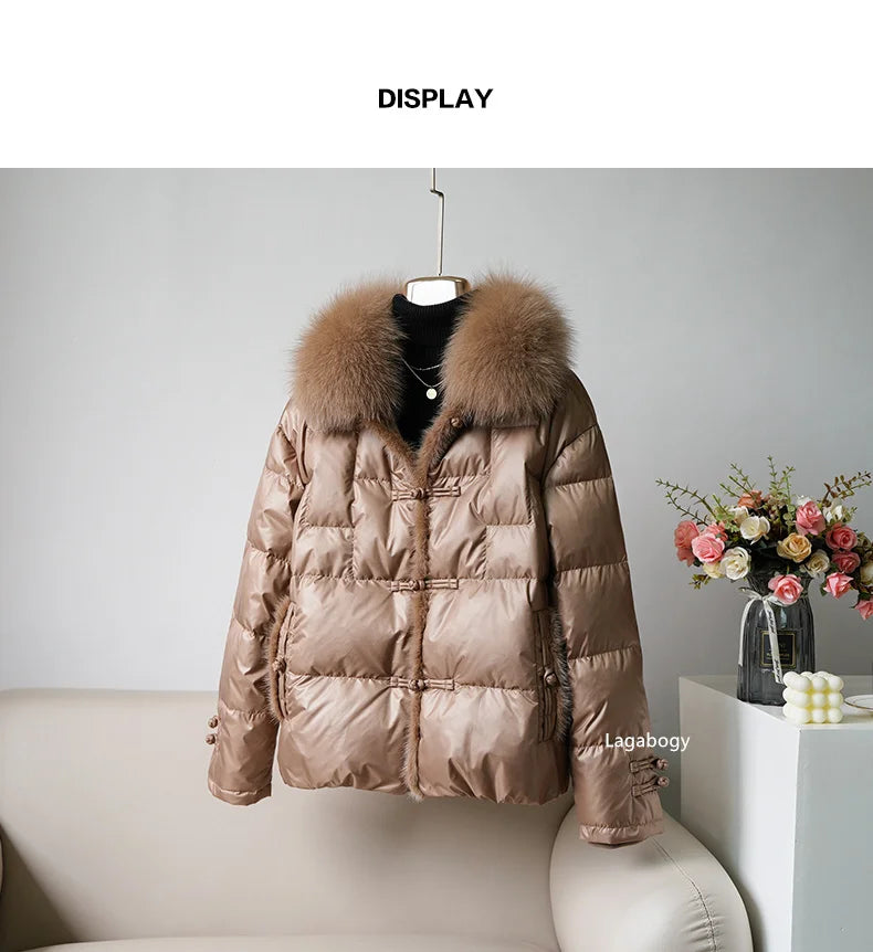 Women's White Duck down Jacket 2025 Winter Collection Real Faux Fur Collar Hair Puffer Coat Vintage Street wear