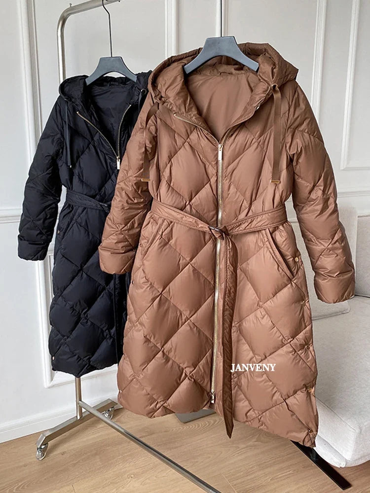 Women's Thickened Warm Hooded Puffer Jacket Winter Duck down Coat Fluffy Long Belted Zipper Closure Casual Style