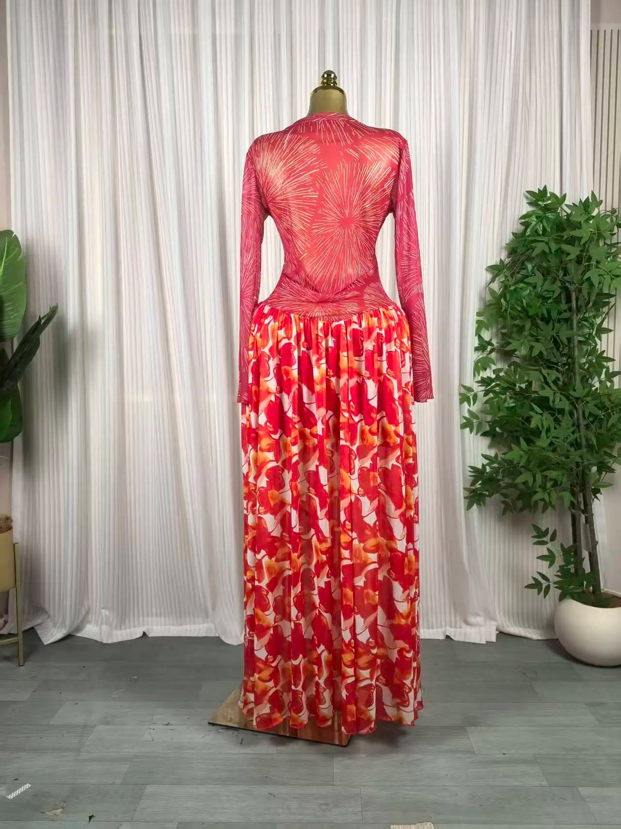 Women leaf Print patchwork smock Midi A-line Long Maxi Elegant Evening Dresses