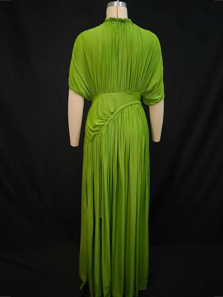 Elegant Olive Green Dress for Women Maxi Summer Dress Waist Draped Straight Type Pleated Party Dress Wholesale Dropshipping