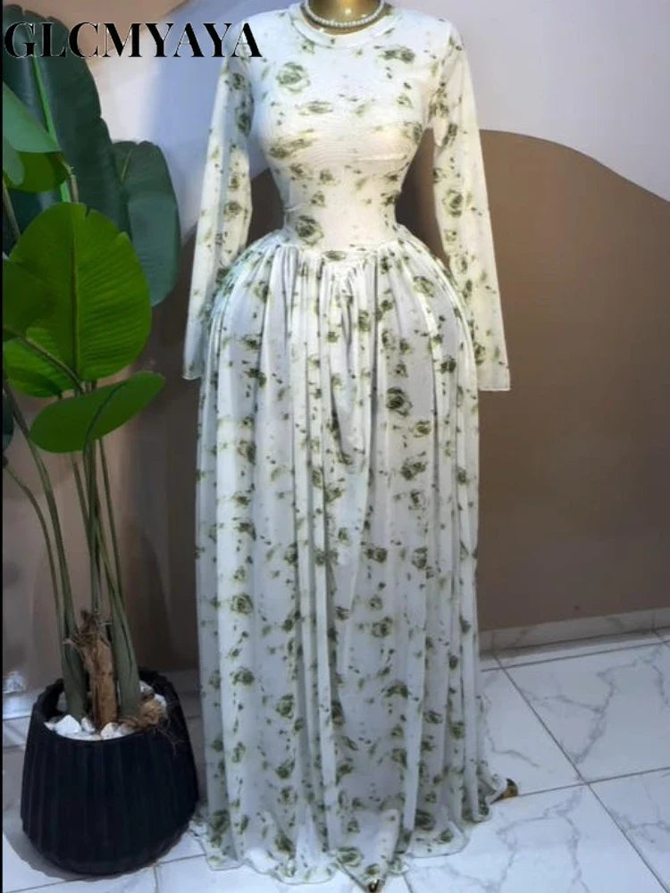 Women leaf Print patchwork smock Midi A-line Long Maxi Elegant Evening Dresses