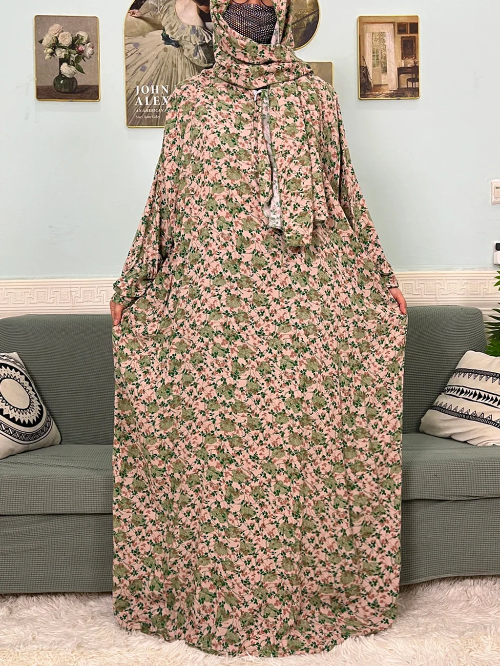 Women's Traditional Floral Ramadan Muslim Cotton Abayas Garment with attached Headscarf