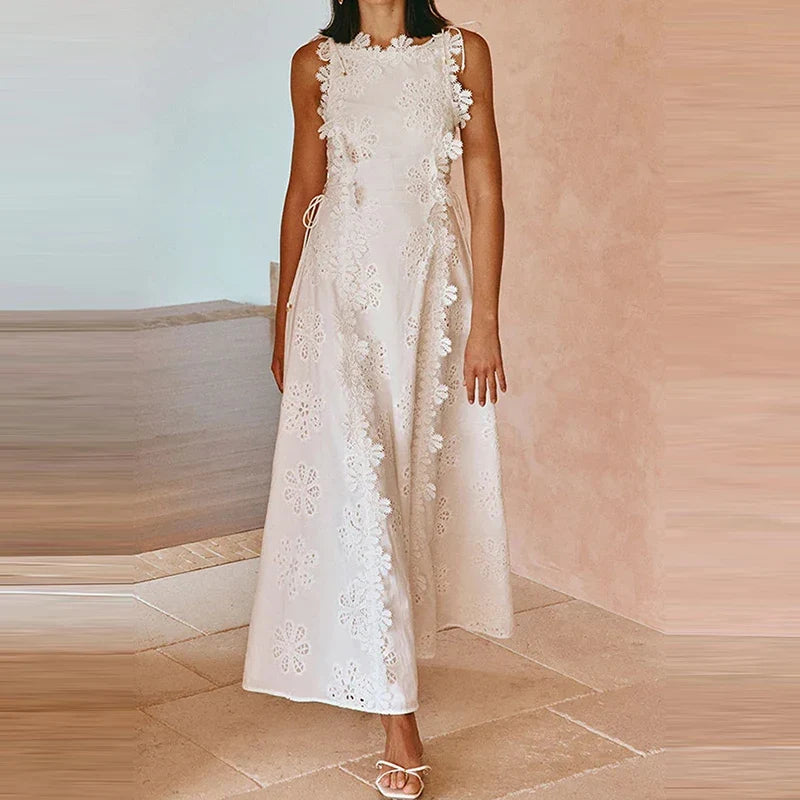 Elegant Hollow Out Floral Bandage Party Dress New Solid Color Lace Embroidery Evening Dress Trendy Sleeveless Women White Dress