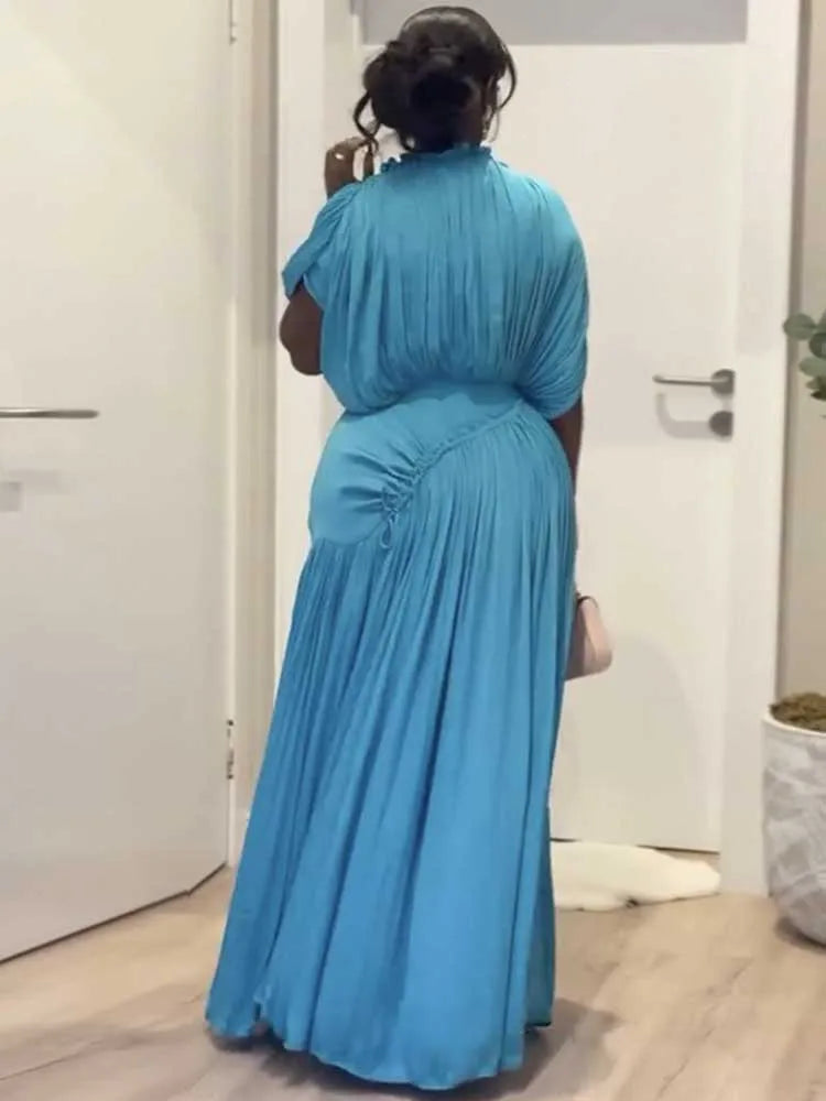 Long Summer Dress Woman High Waist Draped Chic Sky Blue Dress Straight One Piece Casual Elegant Maxi Dresses for Evening
