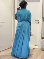 Long Summer Dress Woman High Waist Draped Chic Sky Blue Dress Straight One Piece Casual Elegant Maxi Dresses for Evening