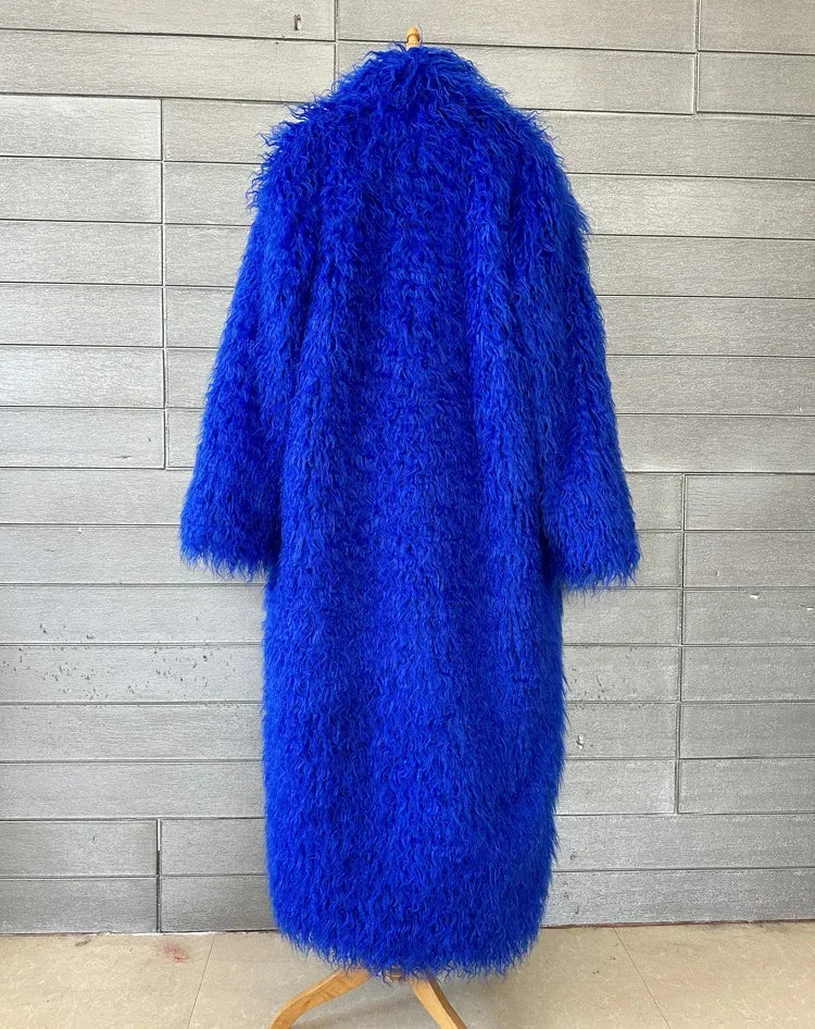 Faux Fur Jacket Women Long Coat Thick Fluffy Winter Warm Shaggy Overcoat Open Stitch Outerwear Turn Down Collar High Street