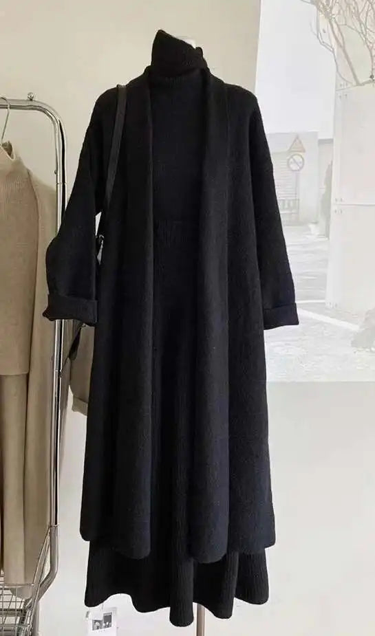 Elegant Knitted 3 Piece Set Women Long Cardigan Coat Sleeveless Vest High Waist A-line Long Skirt