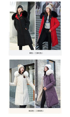 Women's Double-Sided Color Block Parka Winter Jacket with Big Fur Collar Hooded Zipper Pockets Long Sleeve Casual Overcoat
