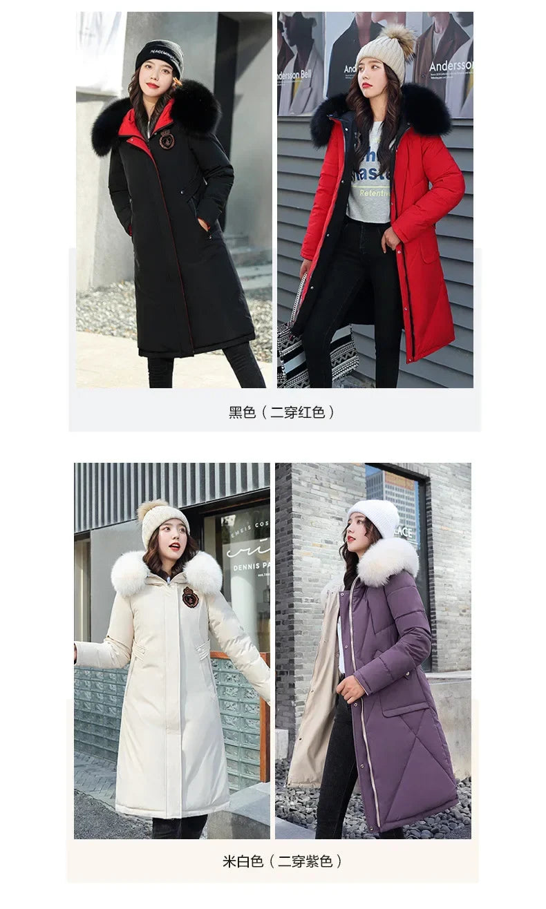Women's Double-Sided Color Block Parka Winter Jacket with Big Fur Collar Hooded Zipper Pockets Long Sleeve Casual Overcoat