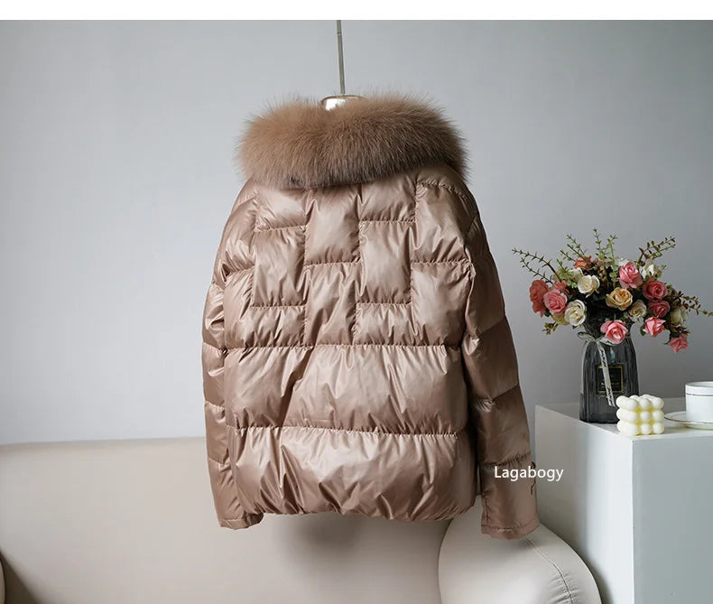 Women's White Duck down Jacket 2025 Winter Collection Real Faux Fur Collar Hair Puffer Coat Vintage Street wear