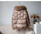 Women's White Duck down Jacket 2025 Winter Collection Real Faux Fur Collar Hair Puffer Coat Vintage Street wear