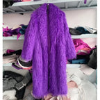 Faux Fur Jacket Women Long Coat Thick Fluffy Winter Warm Shaggy Overcoat Open Stitch Outerwear Turn Down Collar High Street
