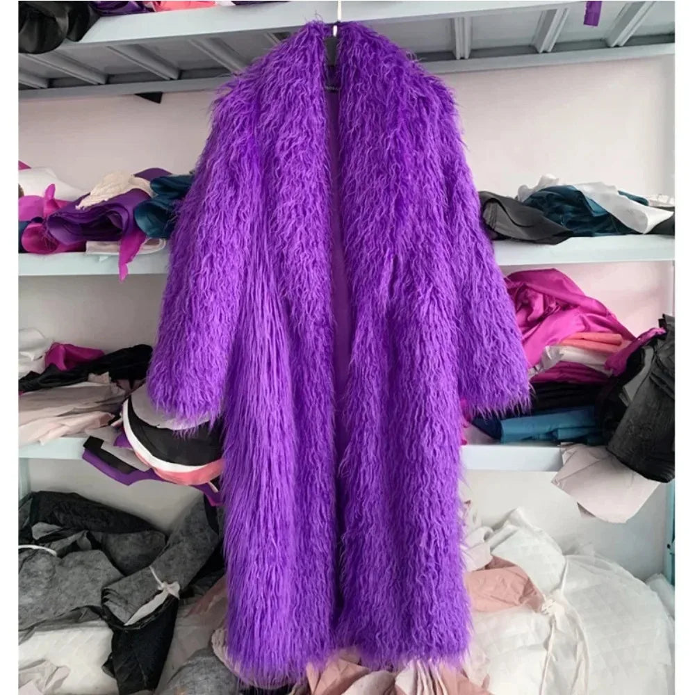 Faux Fur Jacket Women Long Coat Thick Fluffy Winter Warm Shaggy Overcoat Open Stitch Outerwear Turn Down Collar High Street