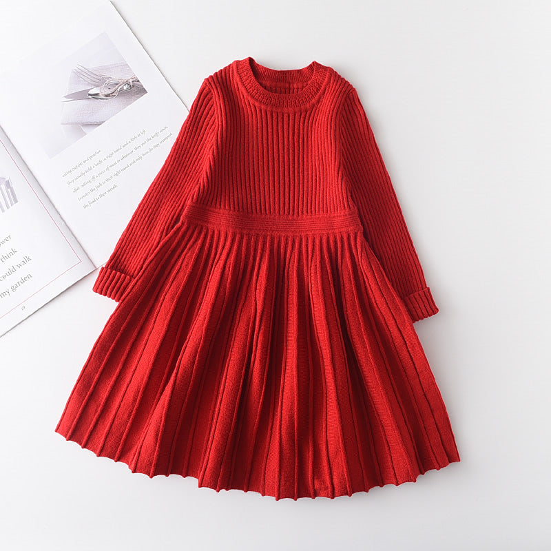 Girls Red Long Sleeve Sweater Tutu Party Dress Christmas New Year's Outfit Knee-Length Casual Cotton Polyester Turtleneck