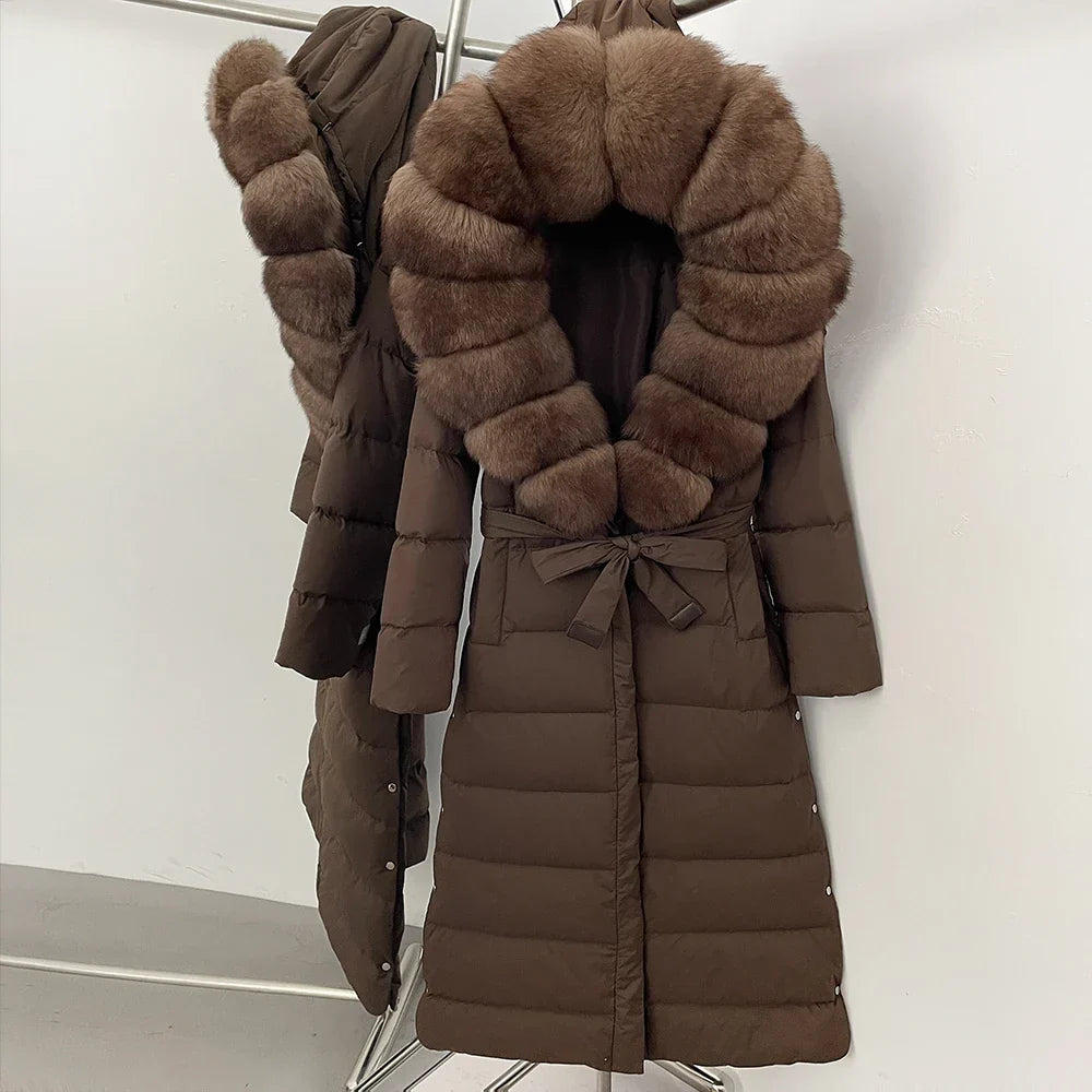 Real Faux Fur Collar Puffer Jacket Duck Down Thick Coat For Women