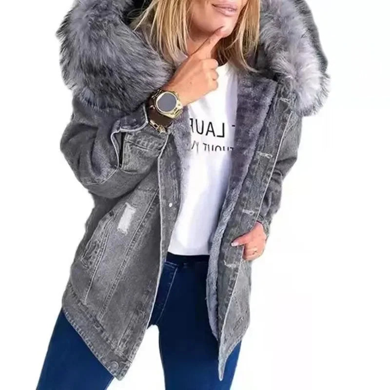 Women's Winter Large Size Denim Warm Jacket