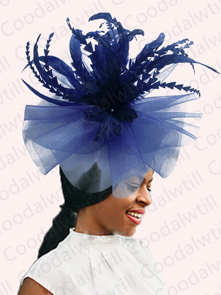 Kentucky Derby Big Fascinator Hat Women Wedding Elegant Feather Pillbox Cap