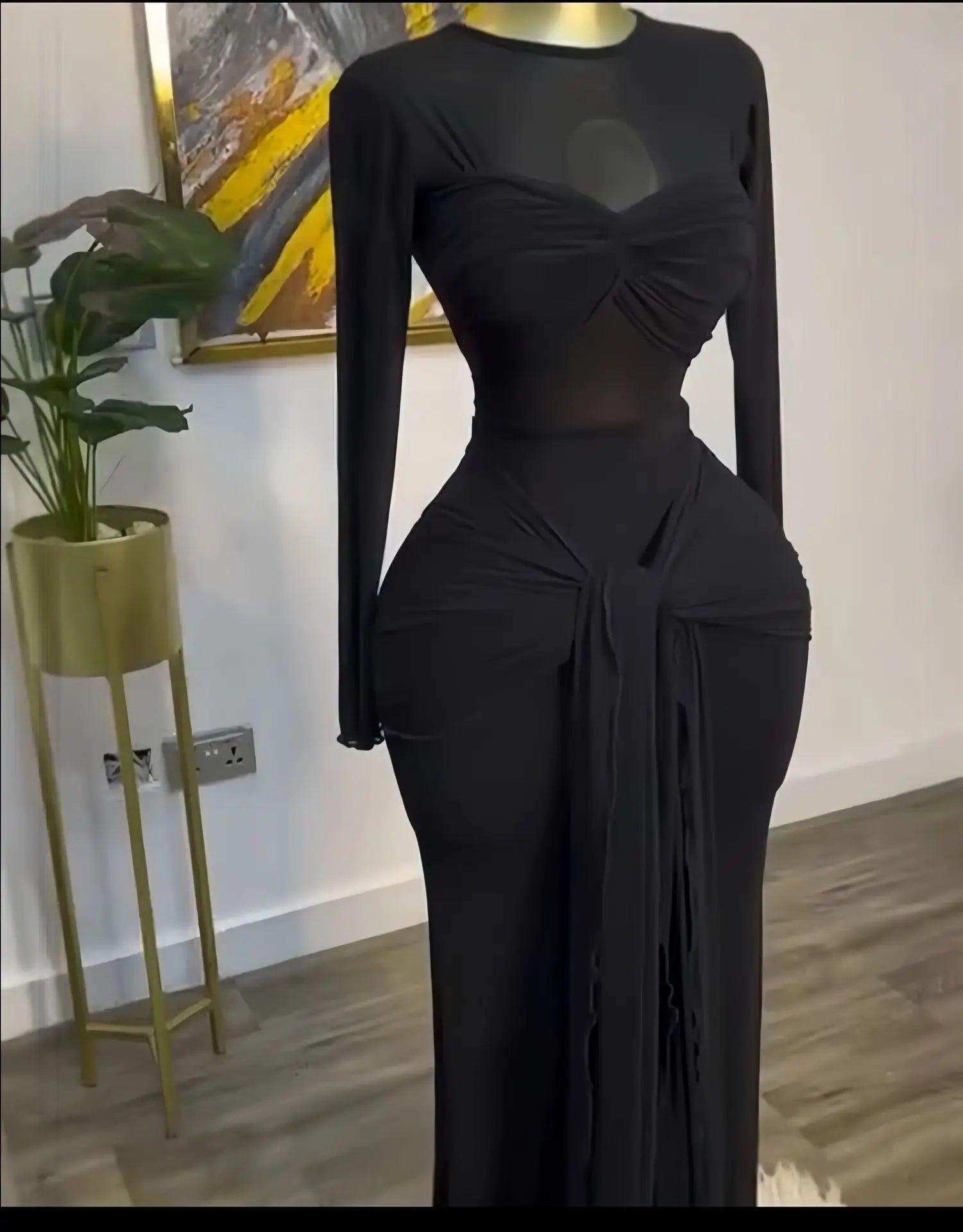 Mesh Maxi Dress with Bow-knot - Elegant Long Sleeve Sheer Dress for Women