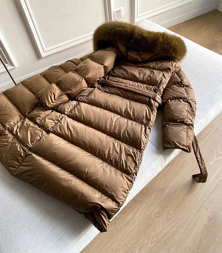 Winter Women's Ultra Light Warm Faux Fur Parka with Hooded Long Duck down Jacket White with Fur Collar Casual Snow Coat