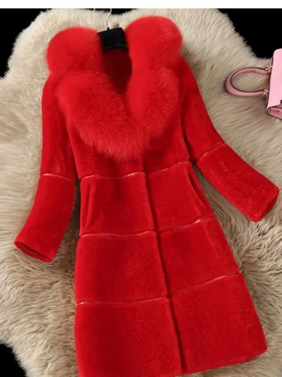Women's Elegant Imitation Faux Fur Collar Warm Coat Fashion Plush V-Neck Button Detail