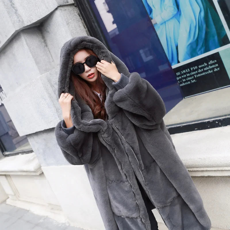 Winter Faux Fur Fashionable Hooded Cotton Long Plush Fleece Temperament Loose Jacket for Women