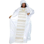 African Dresses For Couples Traditional  Bazin Embroidery Dresses Floor Length With Scarf