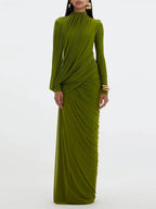 Women's Elegant Vintage Spliced Ribbon Turtleneck Long Sleeve Evening Maxi Dress