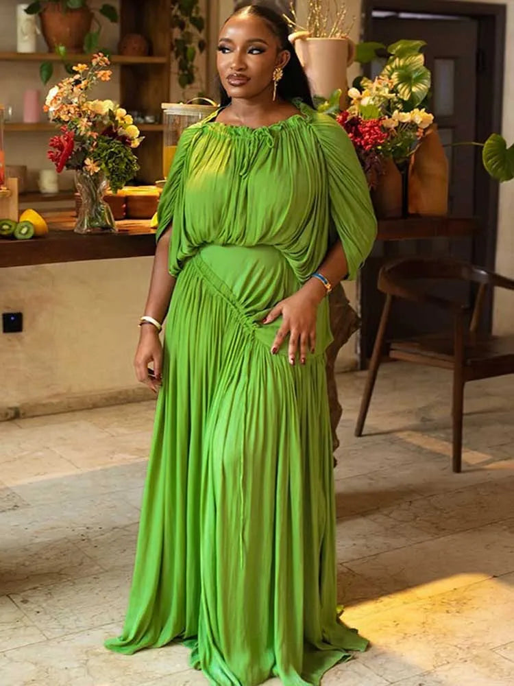 Elegant Olive Green Dress for Women Maxi Summer Dress Waist Draped Straight Type Pleated Party Dress Wholesale Dropshipping