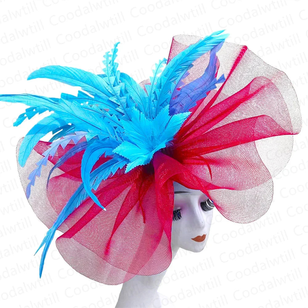 Kentucky Derby Big Fascinator Hat Women Wedding Elegant Feather Pillbox Cap